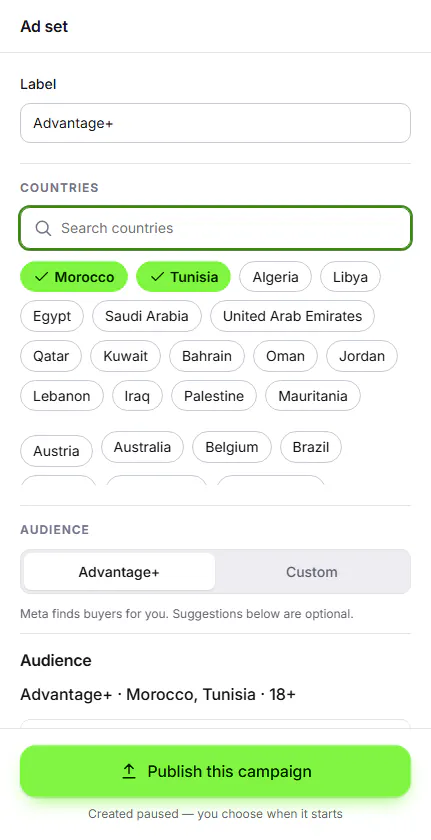 Screenshot of the Vendly app: the ad set panel with countries and the Advantage+ audience