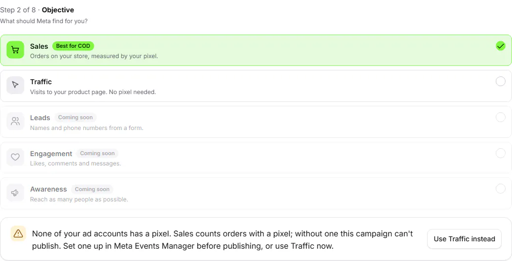 Screenshot of the Vendly app: the objective step warning that no ad account has a pixel